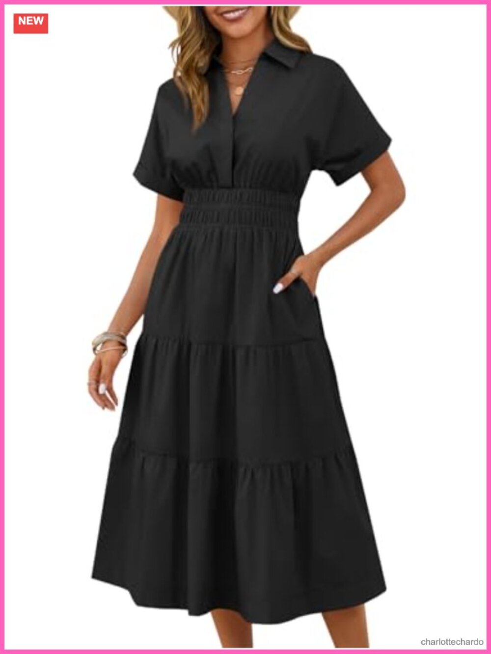 Wenrine Women Summer Short Sleeve V Neck Work Shirt Maxi Dress with Pockets